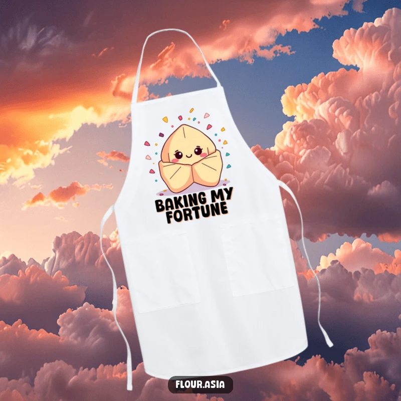 Funny kawaii fortune cookie character smiling and bursting with confetti on a kitchen apron, a great funny chef gift.