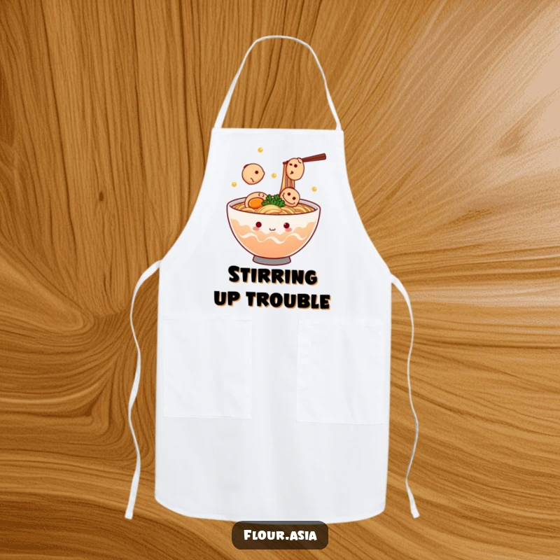 Funny kawaii ramen bowl character steaming and juggling tiny fish cakes on a kitchen apron, a great funny chef gift.