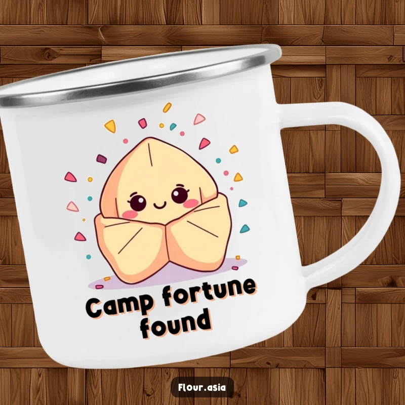 Funny kawaii fortune cookie character smiling and bursting with confetti on a camping mug, great outdoor funny gift.