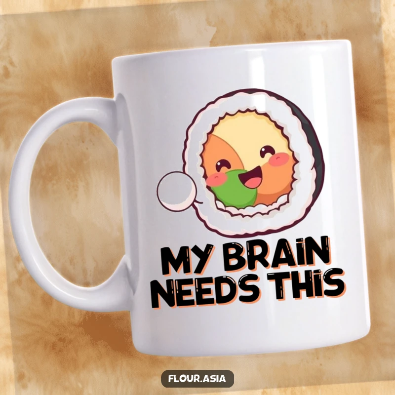 Funny kawaii sushi roll character smiling and playfully bouncing a tiny rice ball on a mug, perfect for a funny gift.