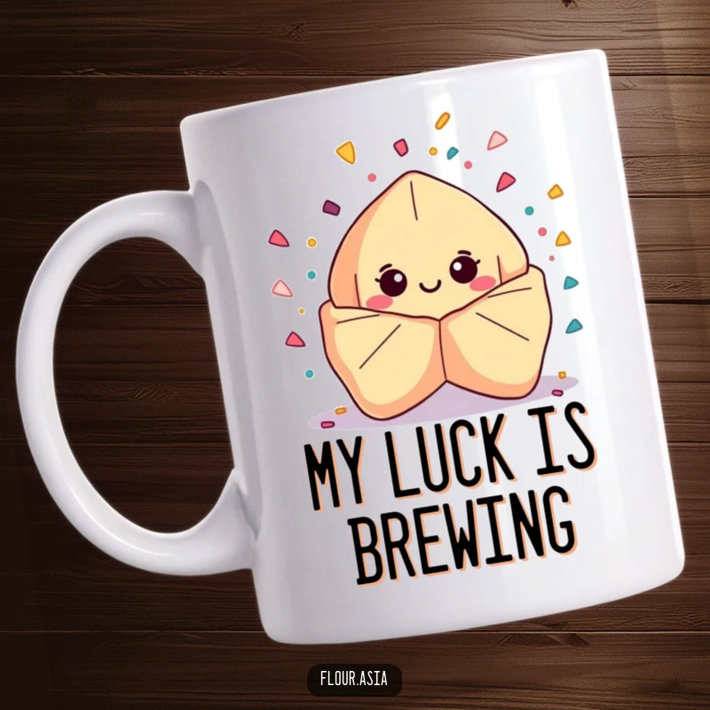 Funny kawaii fortune cookie character smiling and bursting open with confetti on a mug, a cheerful funny gift.