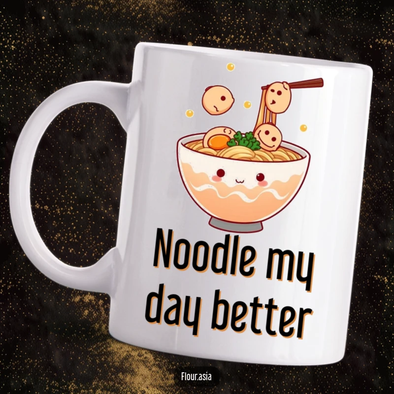 Funny kawaii ramen bowl character steaming and juggling tiny fish cakes on a mug, a delightful funny gift.