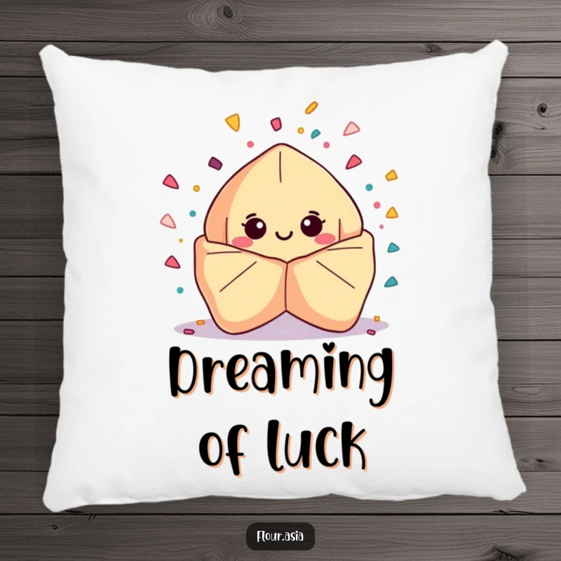 Funny kawaii fortune cookie character smiling and bursting with confetti on a soft pillow, ideal funny gift.