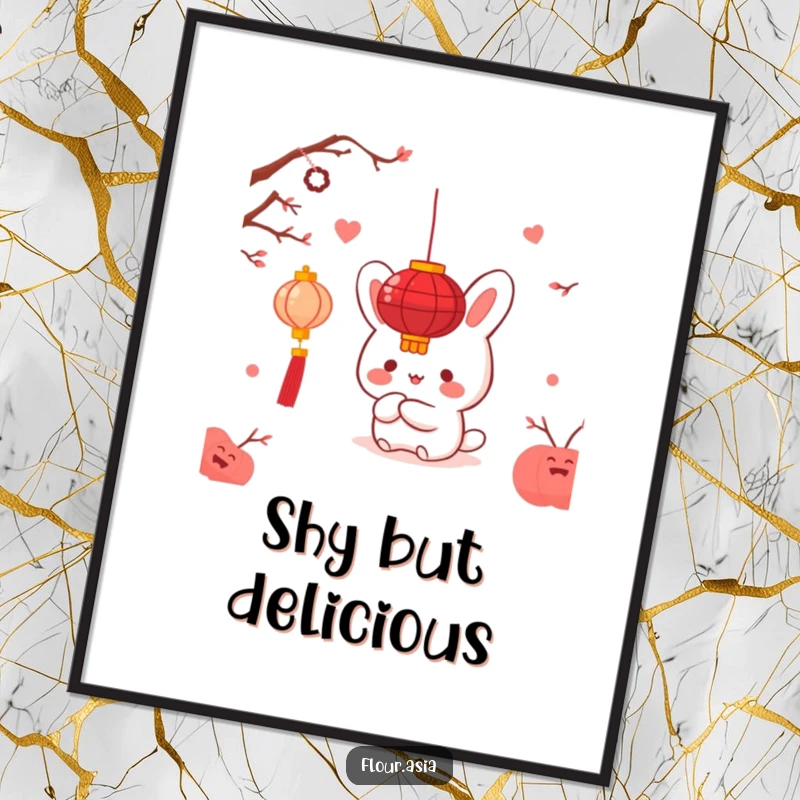 Funny kawaii bao bun character happily hiding behind a red lantern on a digital art print, instant funny gift.