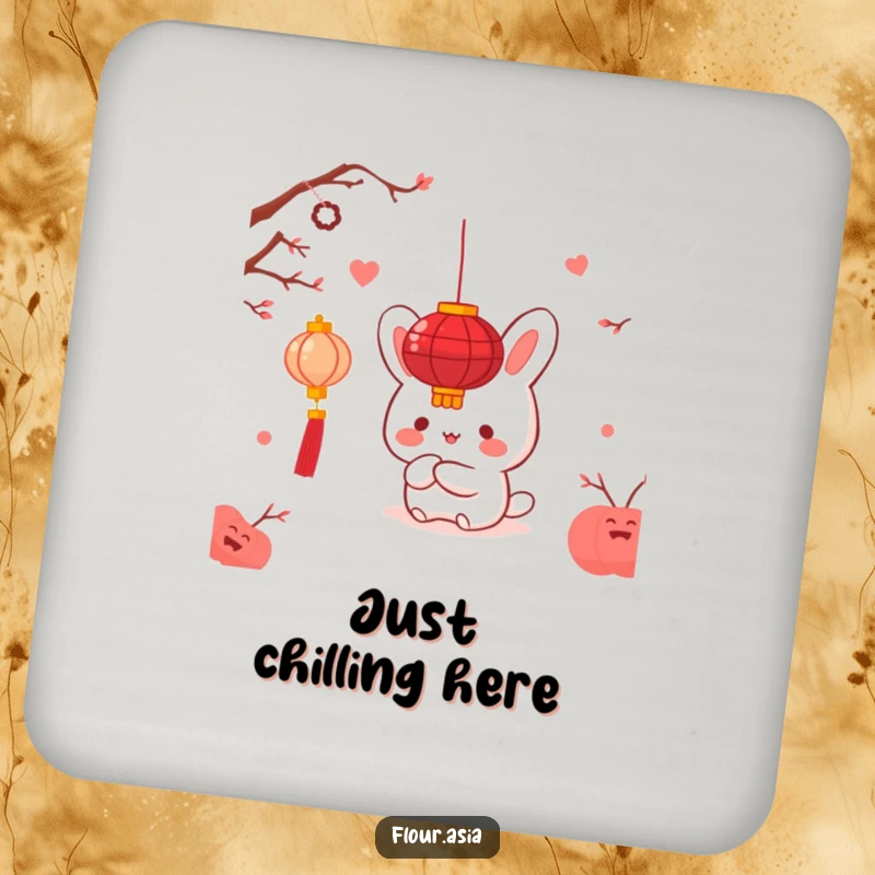 Funny kawaii bao bun character happily hiding behind a red lantern on a drink coaster, a funny housewarming gift.
