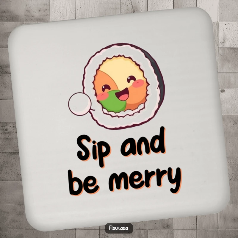 Funny kawaii sushi roll character smiling and playfully bouncing a tiny rice ball on a drink coaster, a funny housewarming gift.