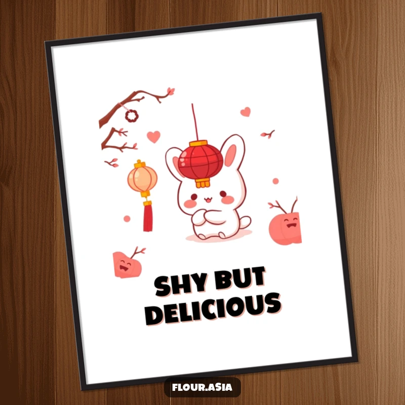 Funny kawaii bao bun character happily hiding behind a red lantern on a poster, perfect funny wall art.