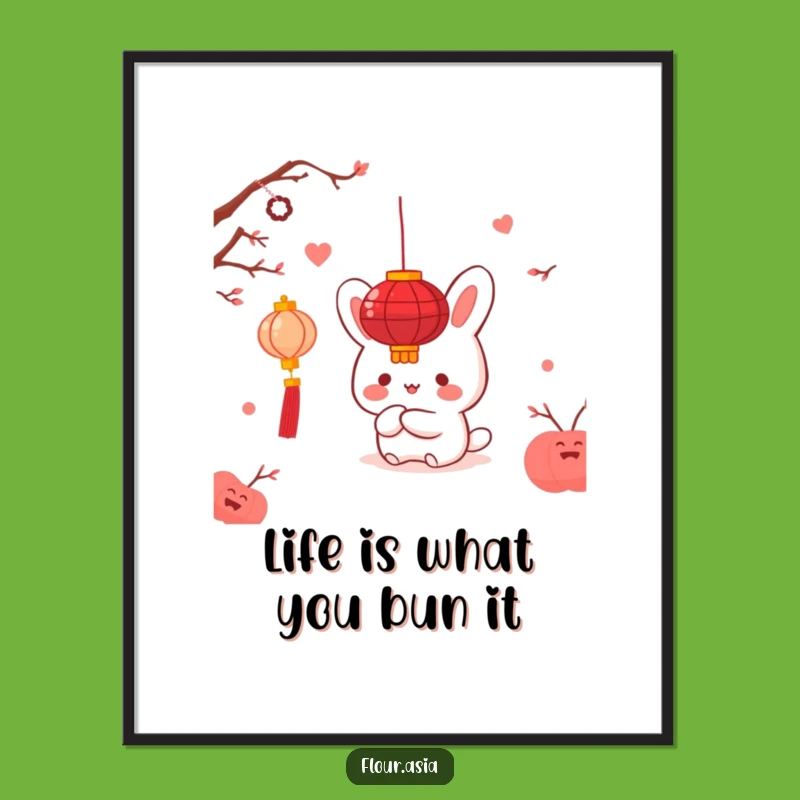 Free Printable Wall Art: Cute Bao Bun Hiding Behind Red Lantern for Whimsical Home Decor