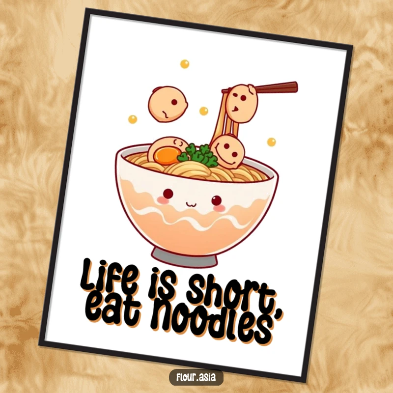 Funny free printable wall art: A happy kawaii ramen bowl juggling fish cakes, vibrant and amusing downloadable art for kitchens or dining areas.