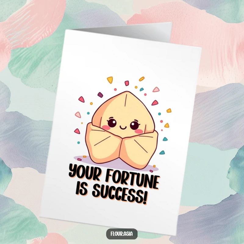 Funny free printable congratulations card: A kawaii fortune cookie joyfully bursting with confetti to celebrate a big win, a festive digital greeting.