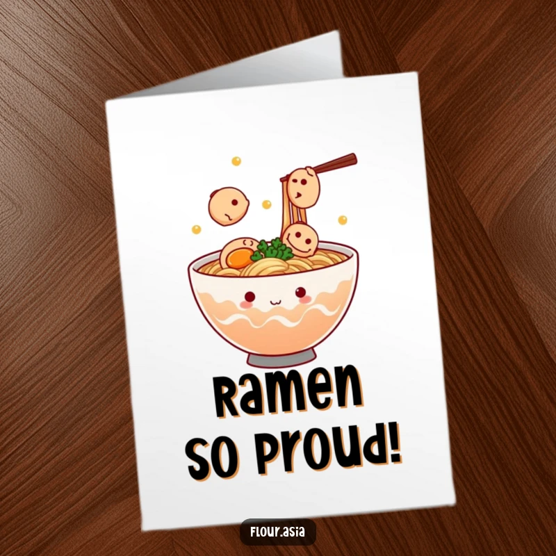 Funny free printable congratulations card: A cheerful kawaii ramen bowl juggling fish cakes to celebrate a fantastic achievement, a fun digital surprise.