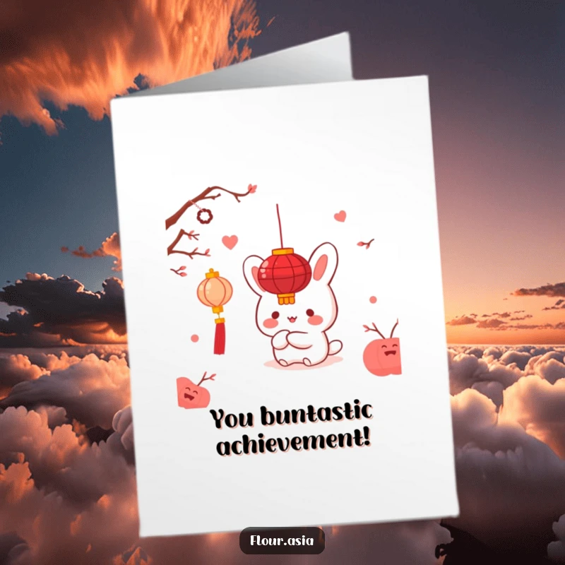 Funny free printable congratulations card: A kawaii bao bun hiding playfully behind a red lantern, symbolizing good fortune and celebration.