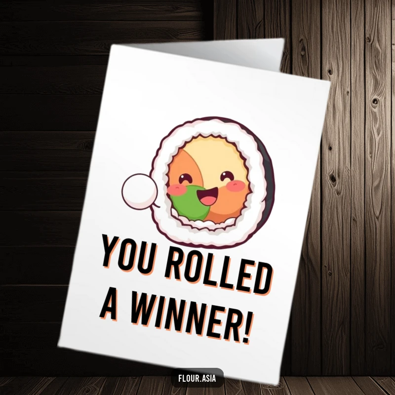 Funny free printable congratulations card: Kawaii sushi roll joyfully bouncing a rice ball in celebration, a delightful downloadable surprise.