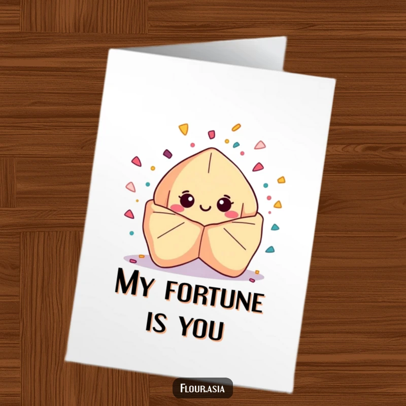 Funny free printable thank you card: A smiling fortune cookie releasing confetti, a joyous and unique way to express gratitude, easy DIY.