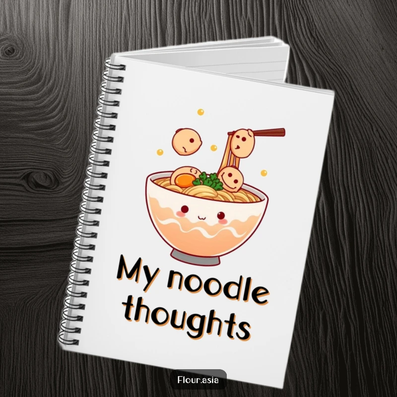 Funny kawaii ramen bowl character steaming and juggling tiny fish cakes on a notebook cover, a funny gift.