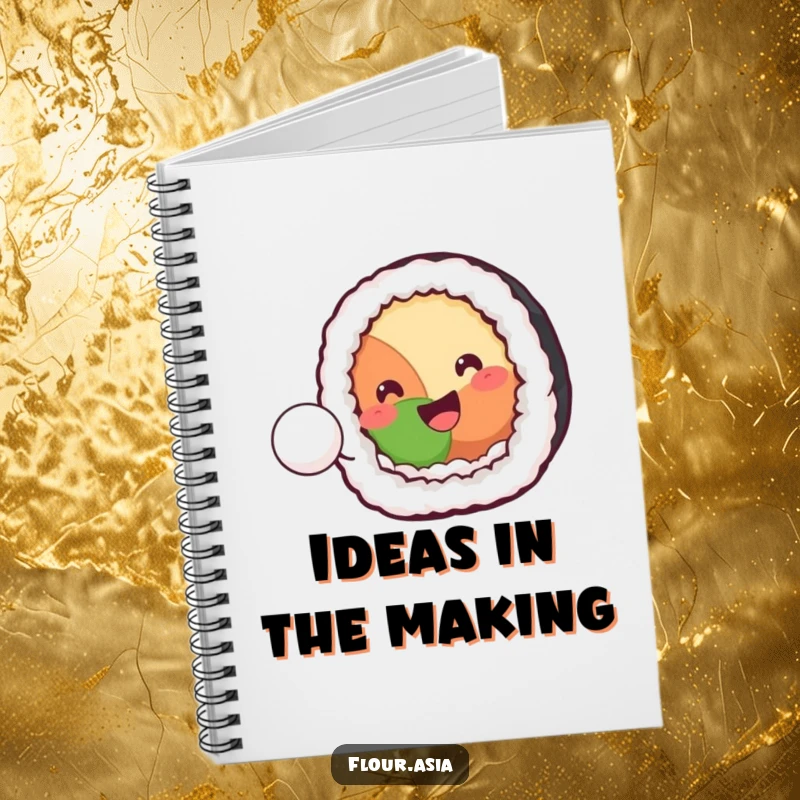 Funny kawaii sushi roll character smiling and playfully bouncing a tiny rice ball on a notebook cover, a funny gift.