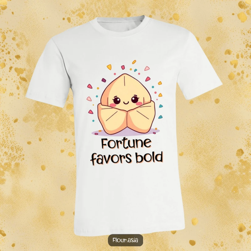 Funny kawaii fortune cookie character smiling and bursting with confetti on a t-shirt, a festive funny gift.