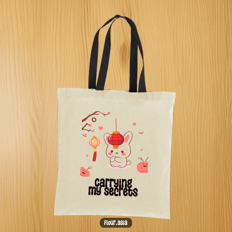 Funny kawaii bao bun character happily hiding behind a red lantern on a tote bag, a cute funny gift.