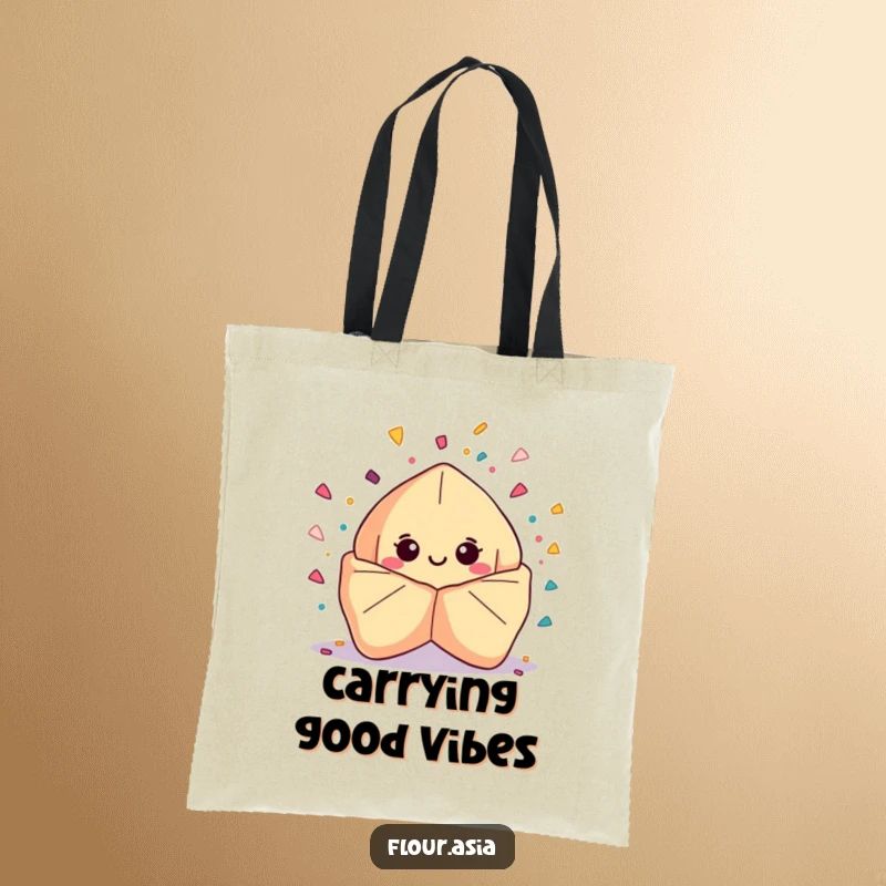 Funny kawaii fortune cookie character smiling and bursting with confetti on a tote bag, a festive funny gift.